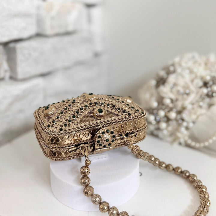 Emerald Green & Antique Gold Floral Clutch: Mini Metal Evening Bag