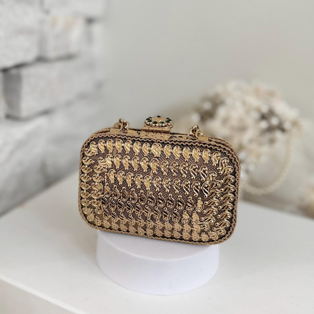 Emerald Green & Antique Gold Floral Clutch: Mini Metal Evening Bag