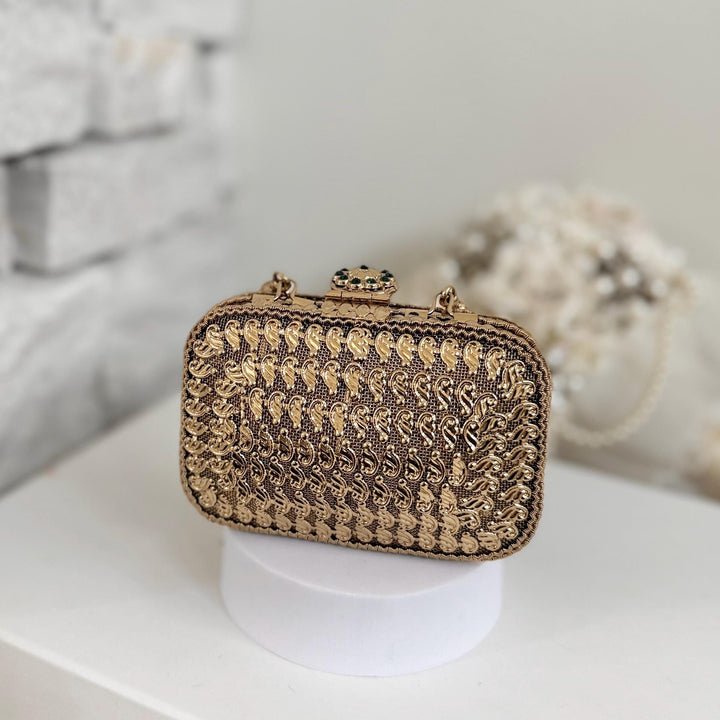 Emerald Green & Antique Gold Floral Clutch: Mini Metal Evening Bag