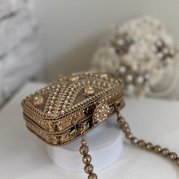Antique Gold Mini Clutch: Floral Pearl Metal Bag