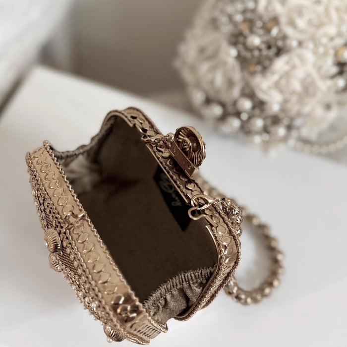 Antique Gold Mini Clutch: Floral Pearl Metal Bag