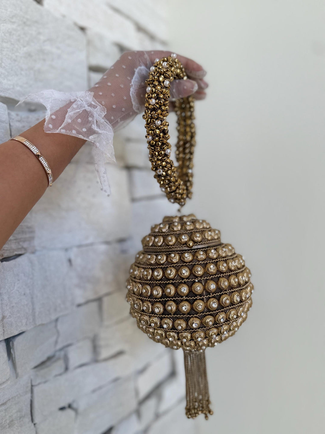 Gold and Ivory Bridal Bracelet Bag: Ethnic Wedding Potli, Brass Metal Evening Purse