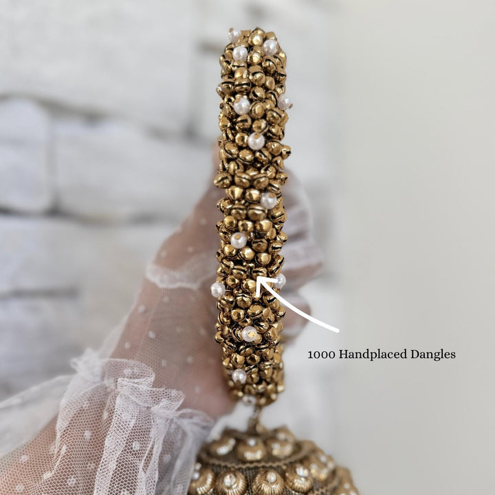 Gold and Ivory Bridal Bracelet Bag: Ethnic Wedding Potli, Brass Metal Evening Purse