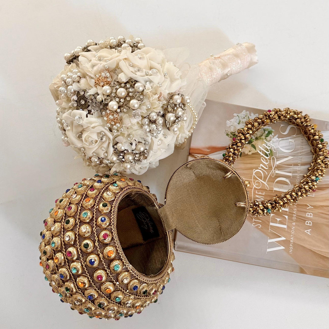 Multicolor Bridal Bracelet Bag: Ethnic Wedding Potli, Brass Metal Evening Purse