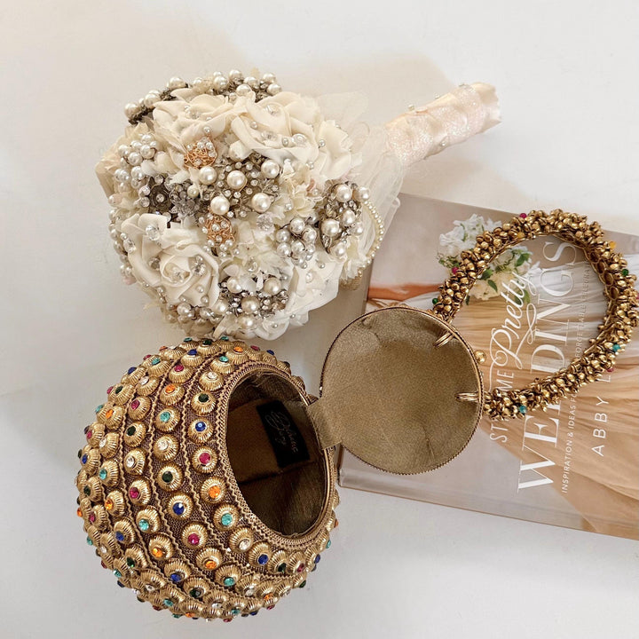Multicolor Bridal Bracelet Bag: Ethnic Wedding Potli, Brass Metal Evening Purse