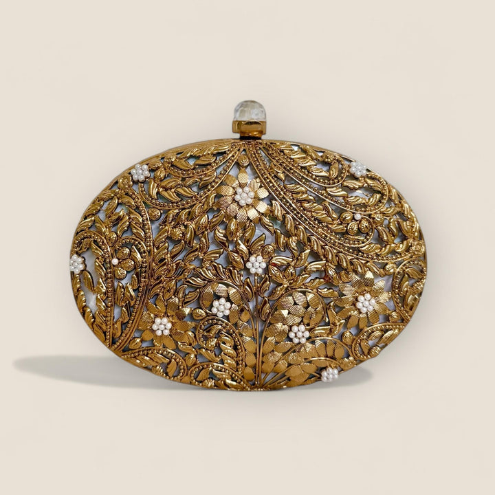 Gold Mother of Pearl Bridal Clutch | Brass Floral Evening Bag