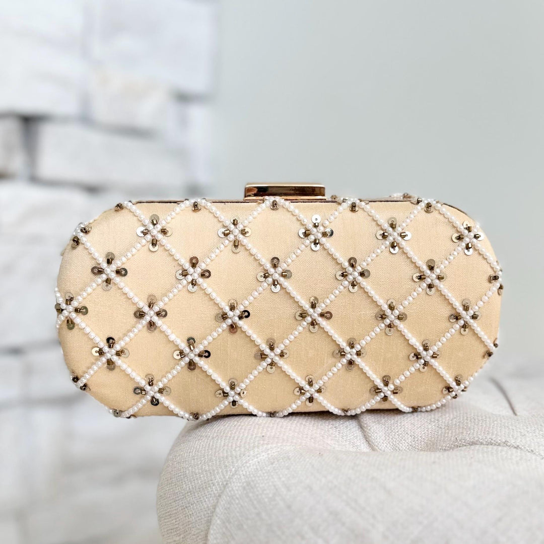 Beige Beaded Clutch: Handmade Zardozi Evening Wristlet