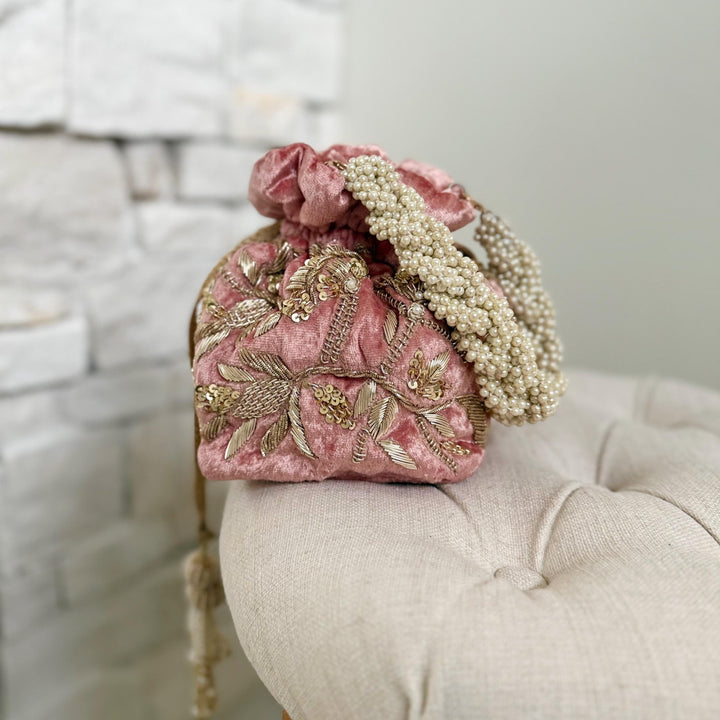 Dusty Pink Velvet Bridal Potli Bag: Beaded Indian Wedding Wristlet