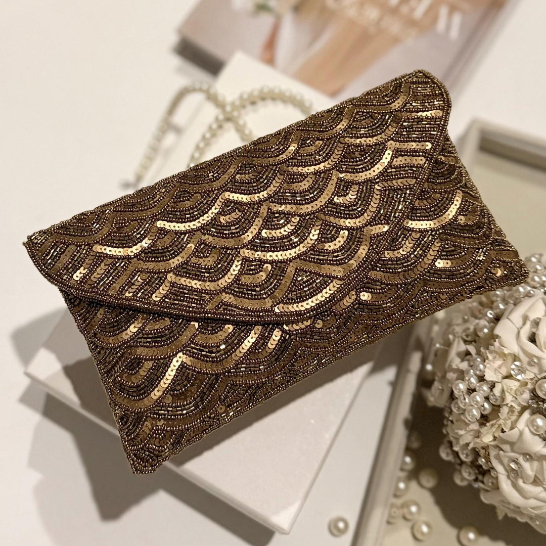 Sequin Envelope Clutch: Handmade Evening Bag In Antique Bronze