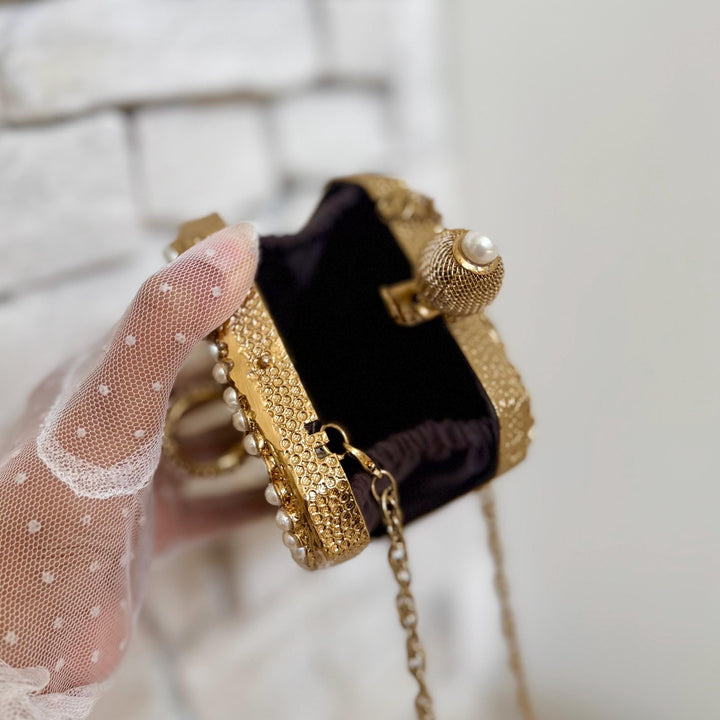 Gold Pearl Mini Brass Clutch | Vintage Style Statement Evening Bag