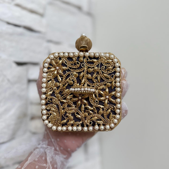 Gold Pearl Mini Brass Clutch | Vintage Style Statement Evening Bag