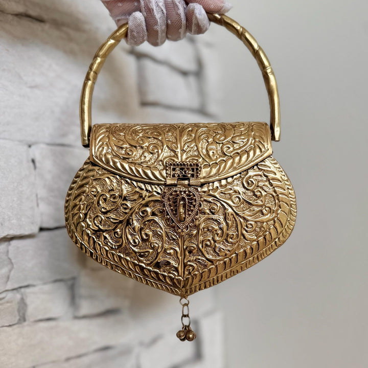 Handmade 14K Gold Plated Heart Shape Brass Clutch: Vintage Style Wedding Purse