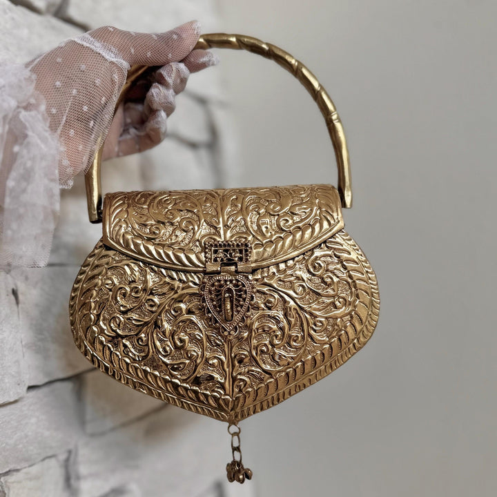 Handmade 14K Gold Plated Heart Shape Brass Clutch: Vintage Style Wedding Purse