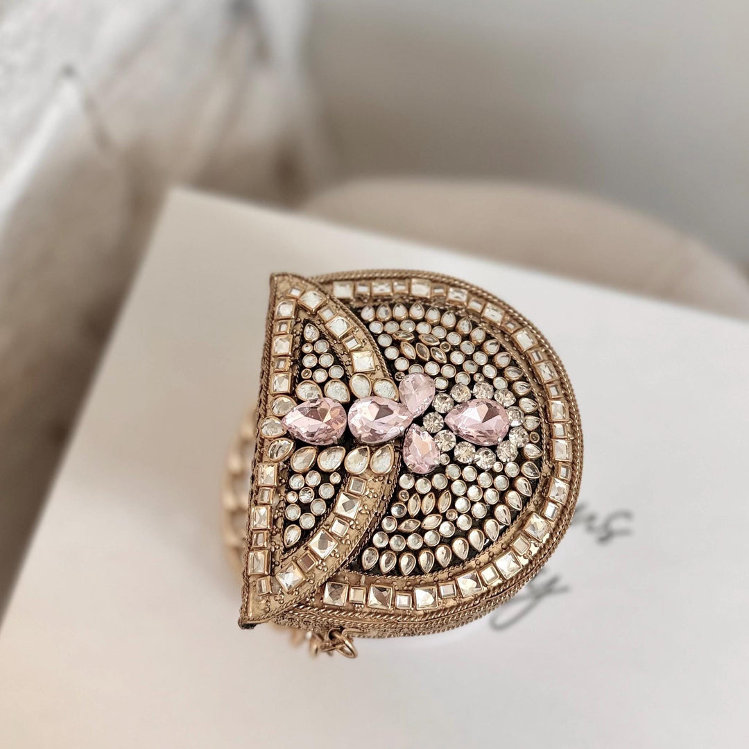 Pink Kundan Clutch | Mini Metal & Kundan Evening Bag