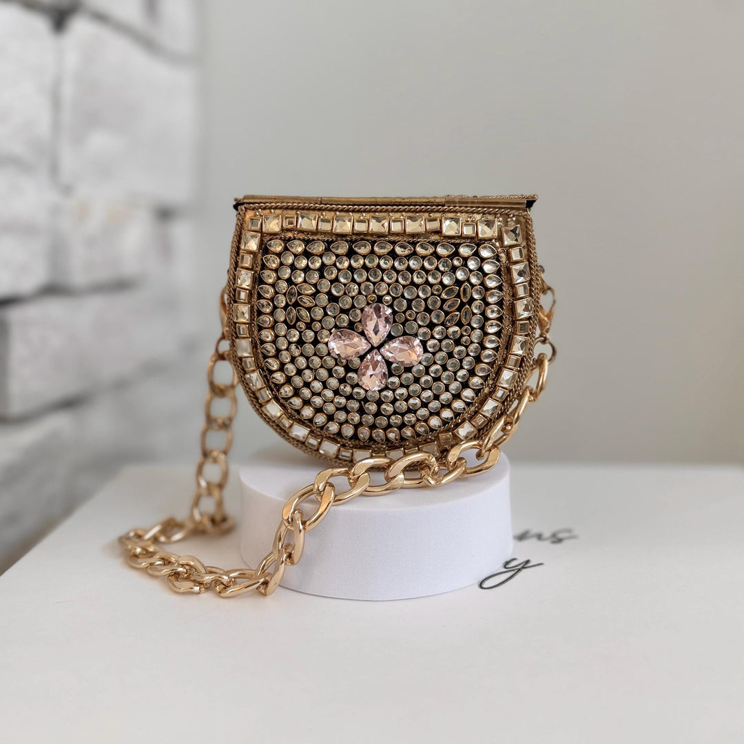 Pink Kundan Clutch | Mini Metal & Kundan Evening Bag