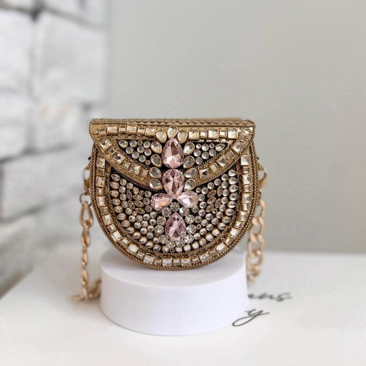 Pink Kundan Clutch | Mini Metal & Kundan Evening Bag