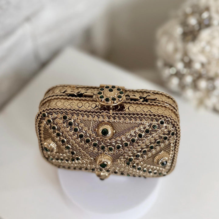Emerald Green & Antique Gold Floral Clutch: Mini Metal Evening Bag