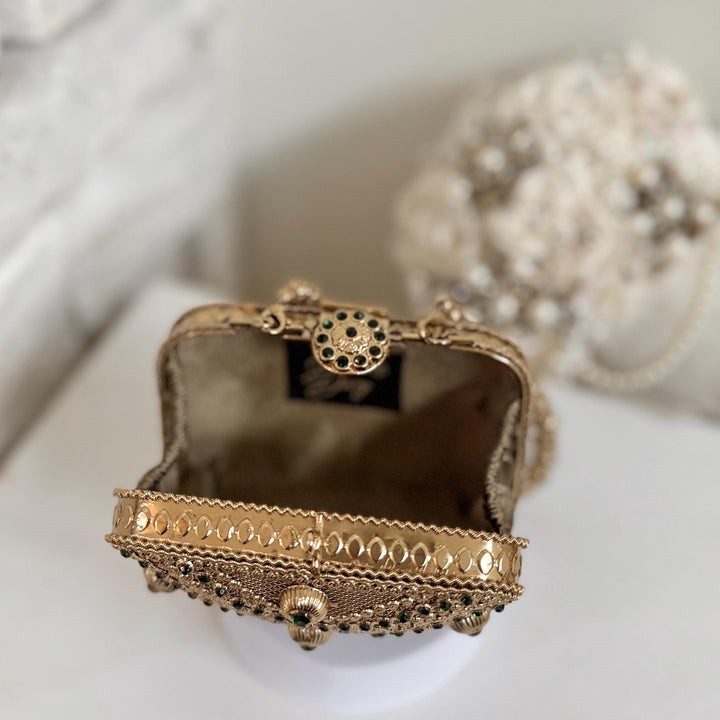 Emerald Green & Antique Gold Floral Clutch: Mini Metal Evening Bag