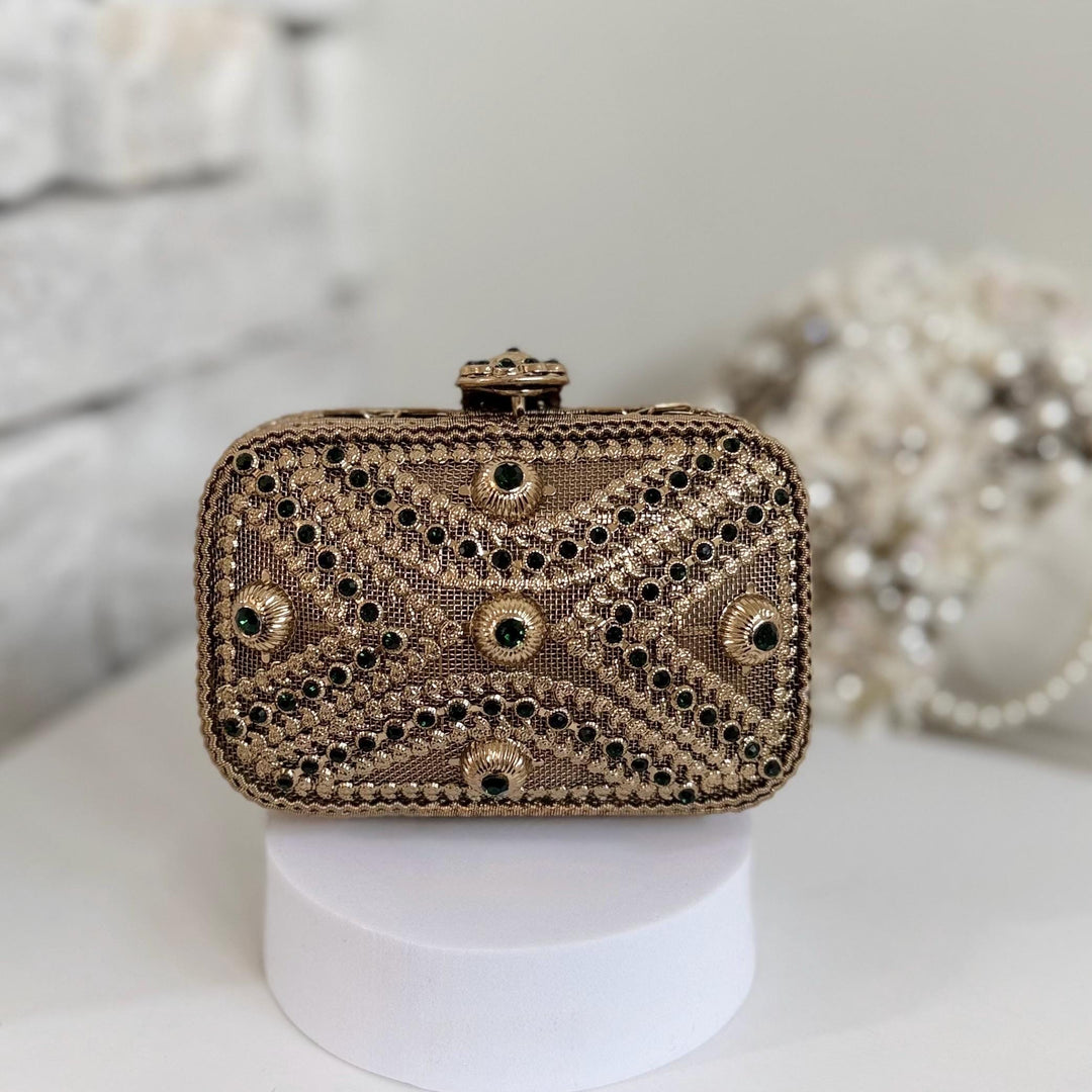Emerald Green & Antique Gold Floral Clutch: Mini Metal Evening Bag
