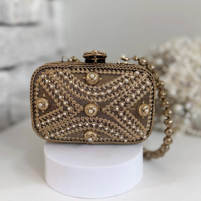 Antique Gold Mini Clutch: Floral Pearl Metal Bag