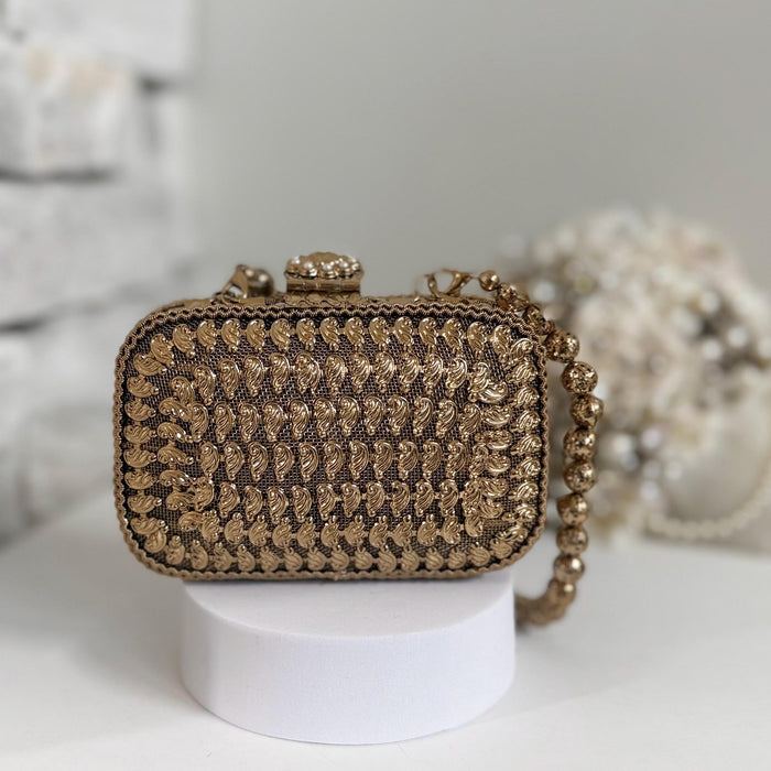 Antique Gold Mini Clutch: Floral Pearl Metal Bag