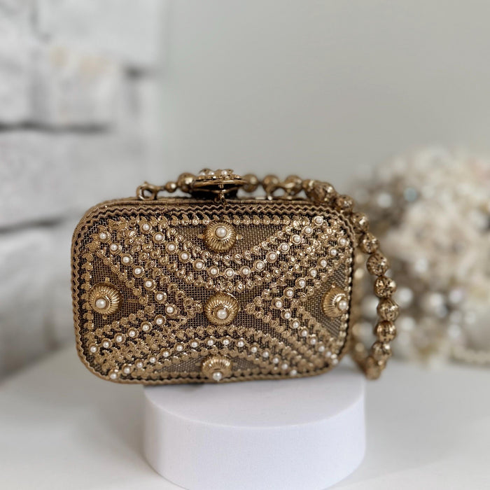Antique Gold Mini Clutch: Floral Pearl Metal Bag