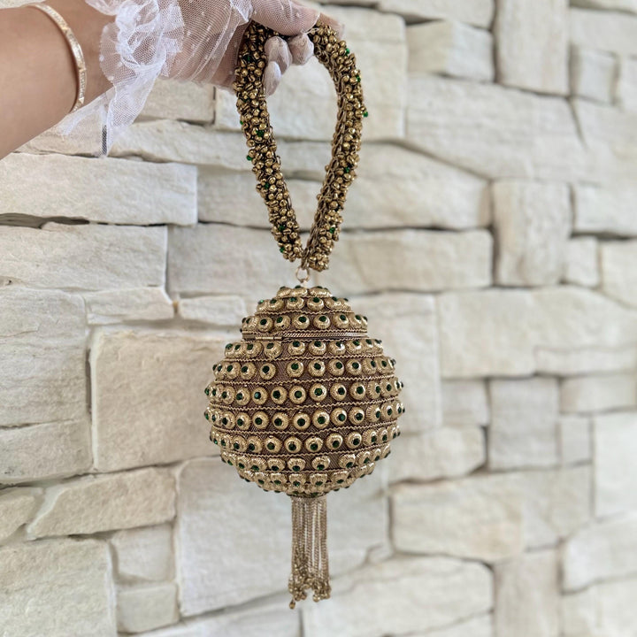 Emerald Green Bridal Bracelet Bag: Ethnic Wedding Potli, Brass Metal Evening Purse