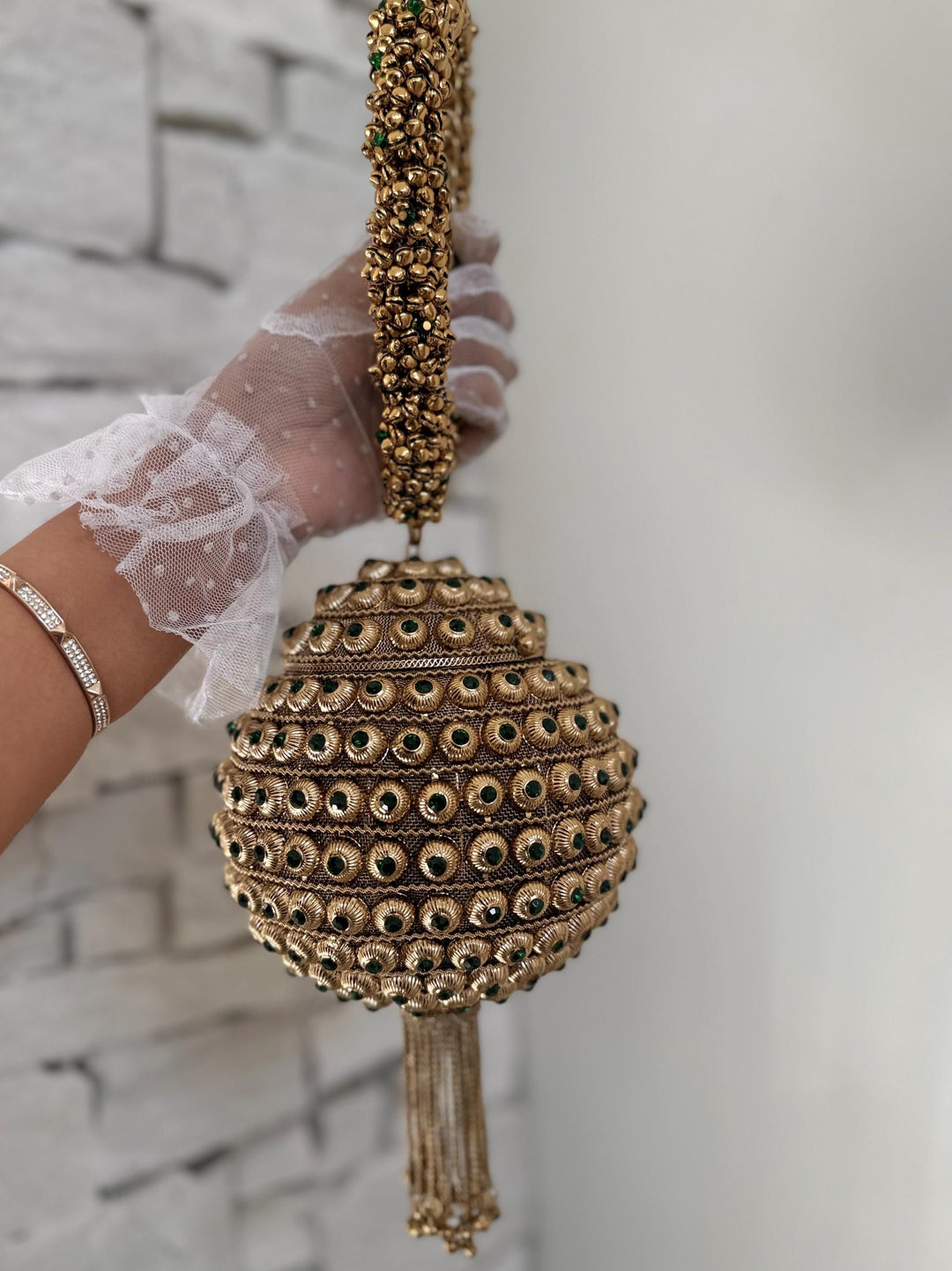 Emerald Green Bridal Bracelet Bag: Ethnic Wedding Potli, Brass Metal Evening Purse