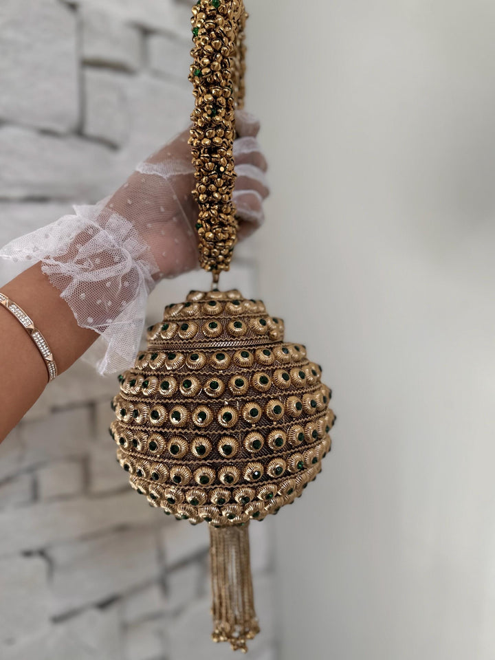 Emerald Green Bridal Bracelet Bag: Ethnic Wedding Potli, Brass Metal Evening Purse