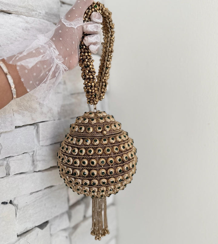 Emerald Green Bridal Bracelet Bag: Ethnic Wedding Potli, Brass Metal Evening Purse