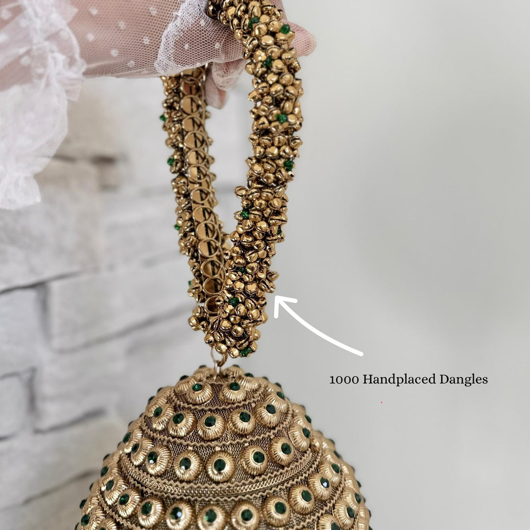 Emerald Green Bridal Bracelet Bag: Ethnic Wedding Potli, Brass Metal Evening Purse