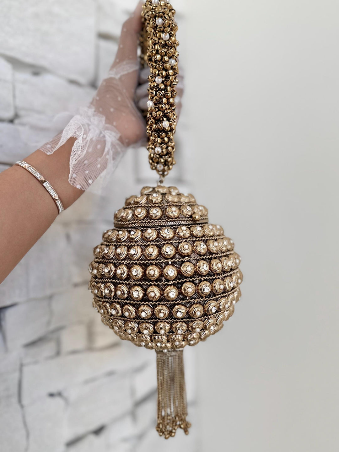 Gold and Ivory Bridal Bracelet Bag: Ethnic Wedding Potli, Brass Metal Evening Purse