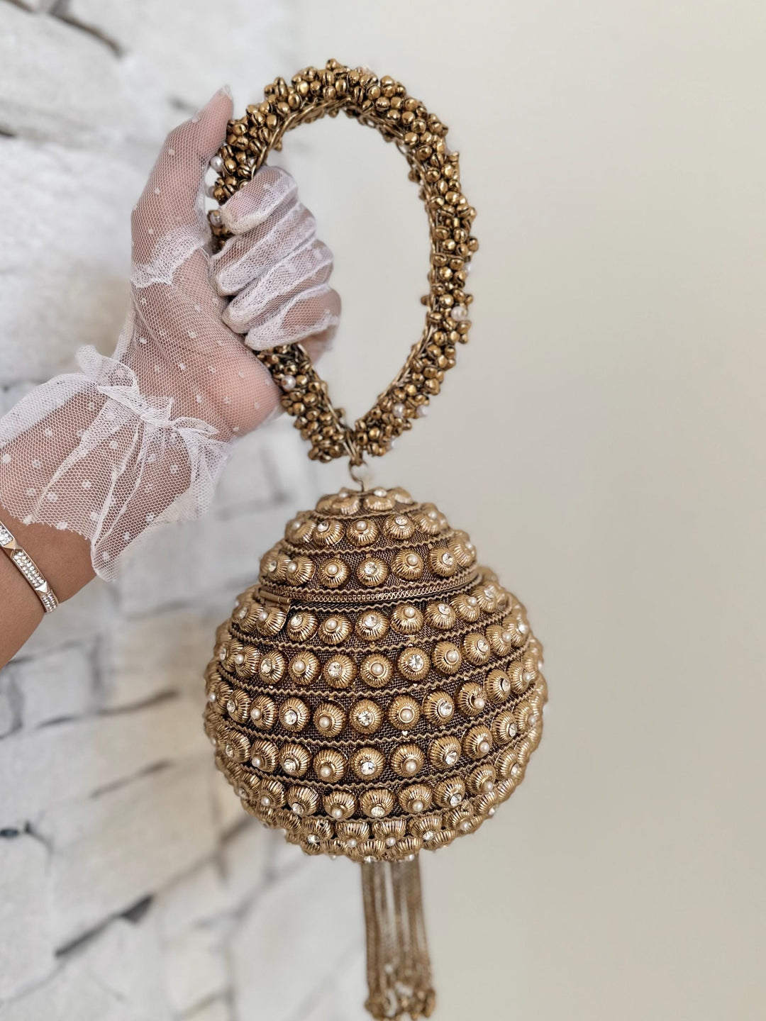 Gold and Ivory Bridal Bracelet Bag: Ethnic Wedding Potli, Brass Metal Evening Purse