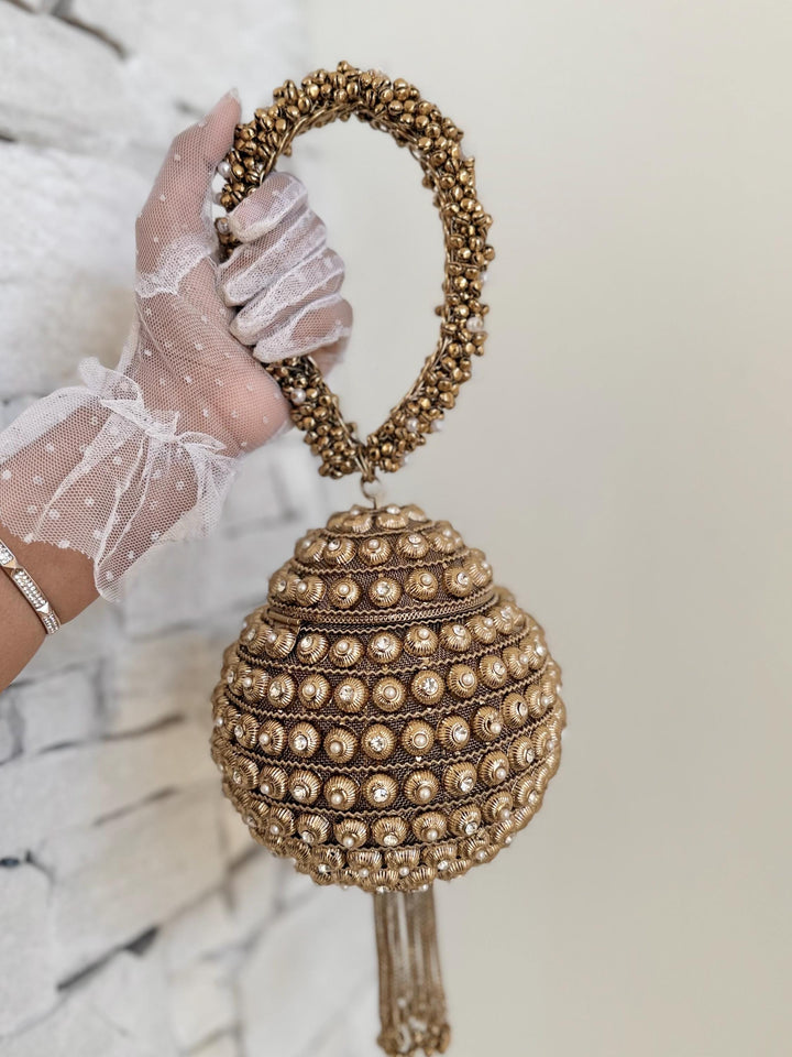 Gold and Ivory Bridal Bracelet Bag: Ethnic Wedding Potli, Brass Metal Evening Purse