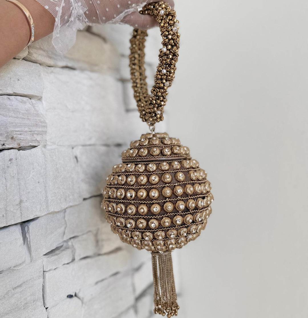 Gold and Ivory Bridal Bracelet Bag: Ethnic Wedding Potli, Brass Metal Evening Purse