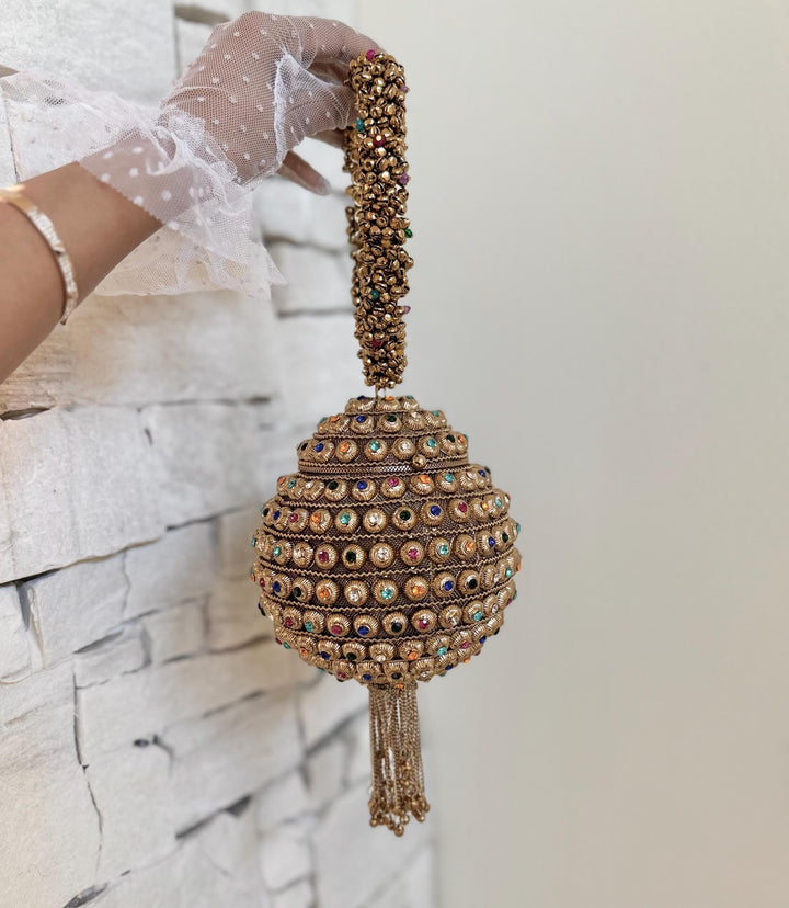 Multicolor Bridal Bracelet Bag: Ethnic Wedding Potli, Brass Metal Evening Purse