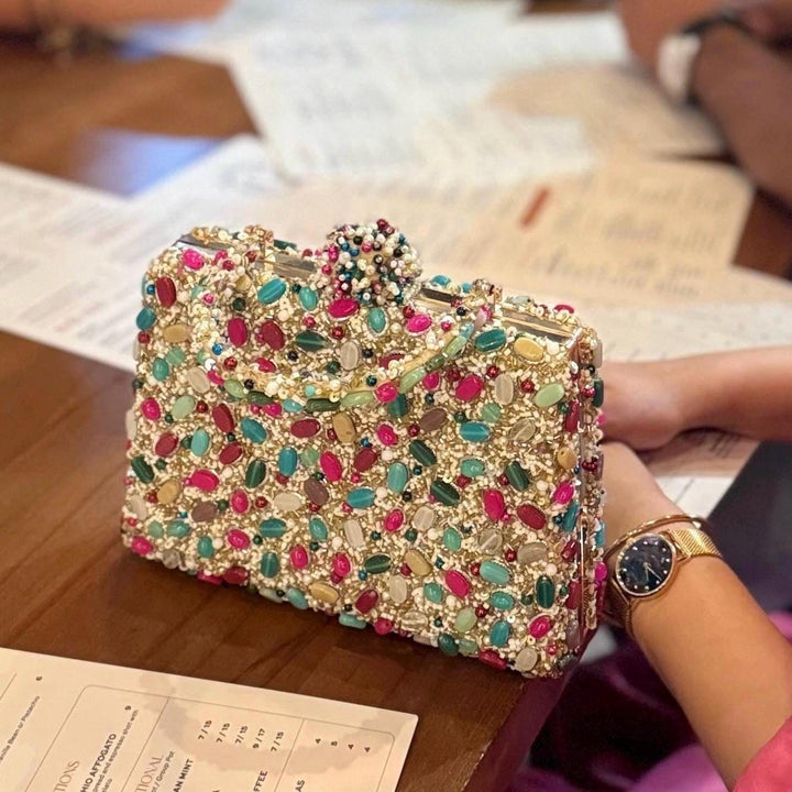 Handmade Gemstone Top Handle Clutch: Multi-Color Beaded Evening Bag