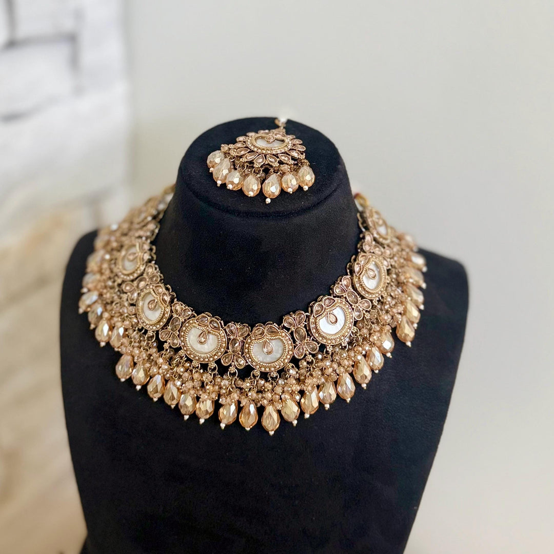 Champagne Mother of Pearl Indian Bridal Jewelry Set: Necklace, Earrings and Maang Tikka