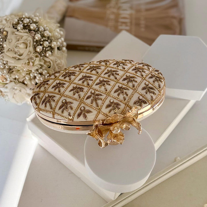Ivory Bridal Clutch: Raw Silk Zardosi and Beaded Evening Bag with Pearl Flower Knob