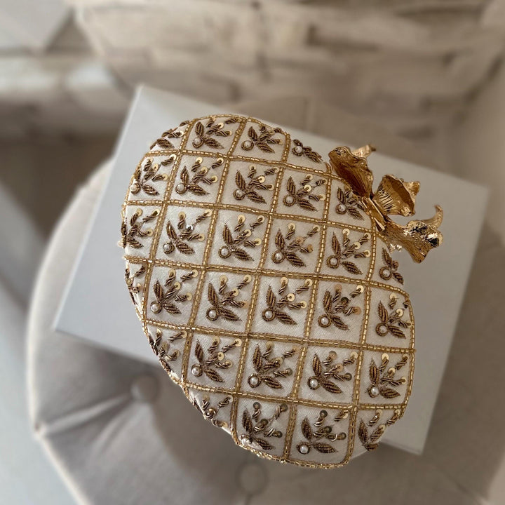 Ivory Bridal Clutch: Raw Silk Zardosi and Beaded Evening Bag with Pearl Flower Knob