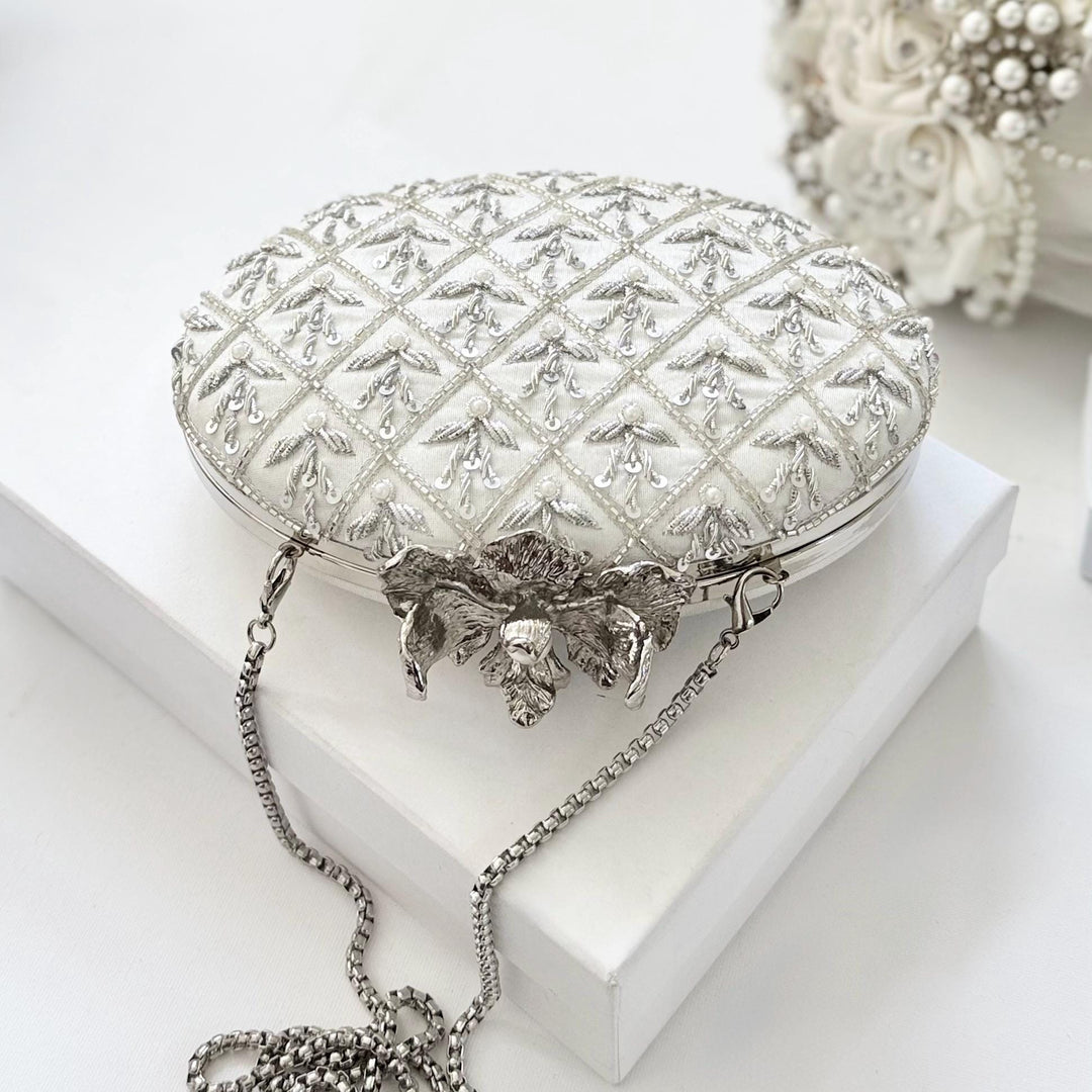 Ivory Raw Silk Bridal Clutch: Zardosi Embroidery, Pearl Flower Knob