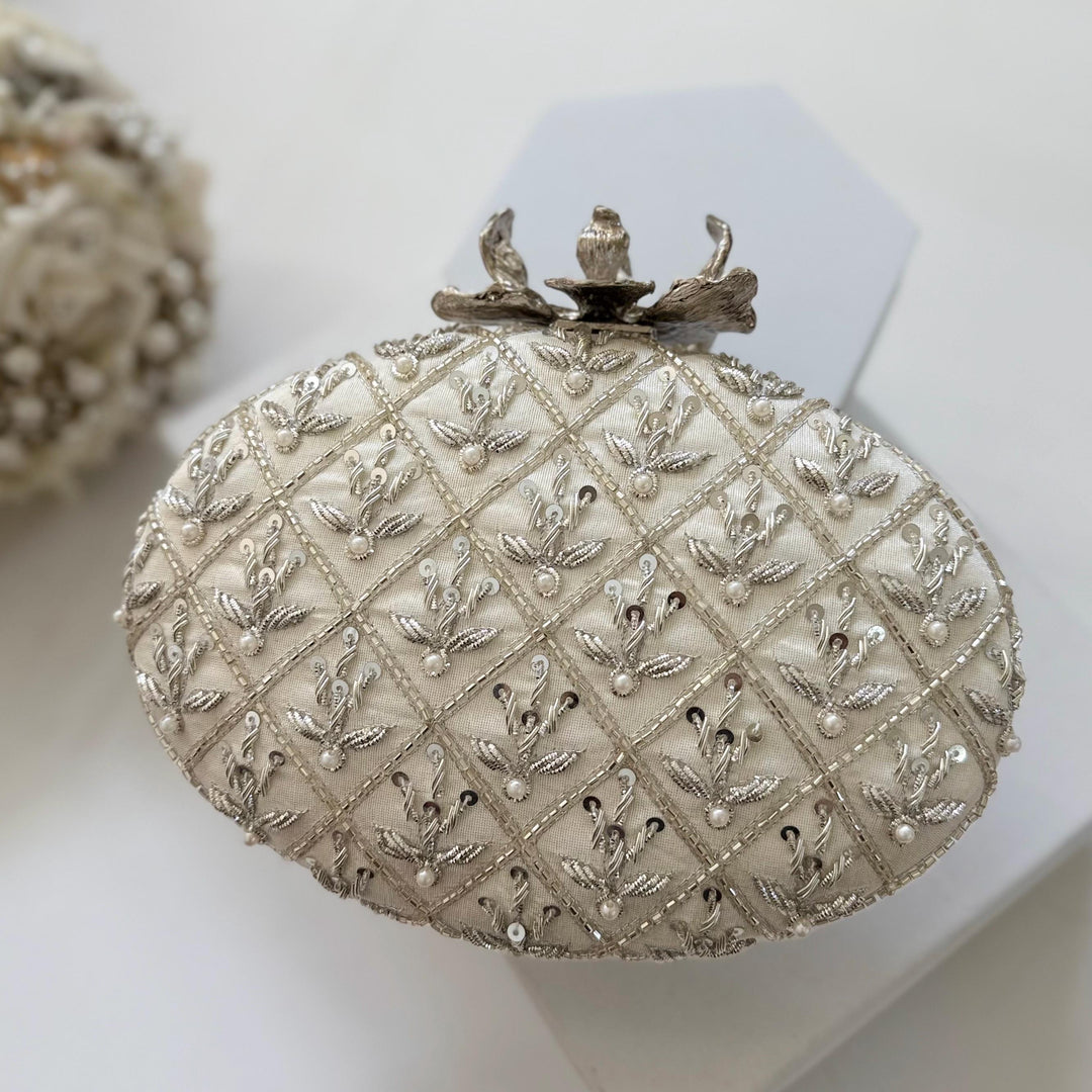 Ivory Raw Silk Bridal Clutch: Zardosi Embroidery, Pearl Flower Knob