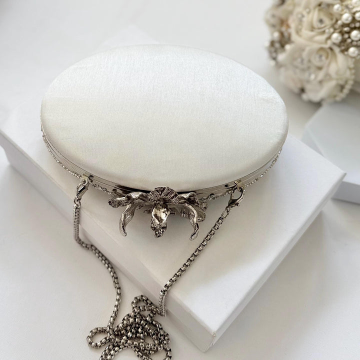 Ivory Raw Silk Bridal Clutch: Zardosi Embroidery, Pearl Flower Knob