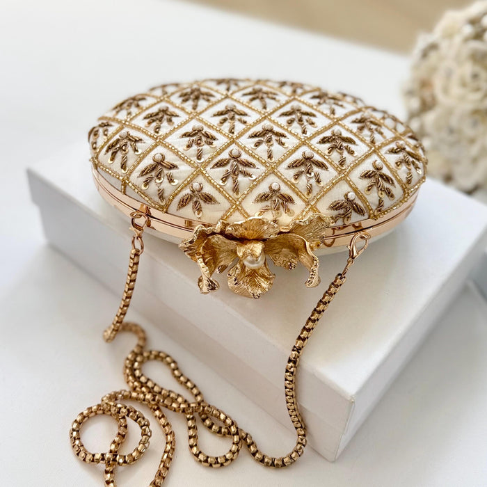 Ivory Bridal Clutch: Raw Silk Zardosi and Beaded Evening Bag with Pearl Flower Knob