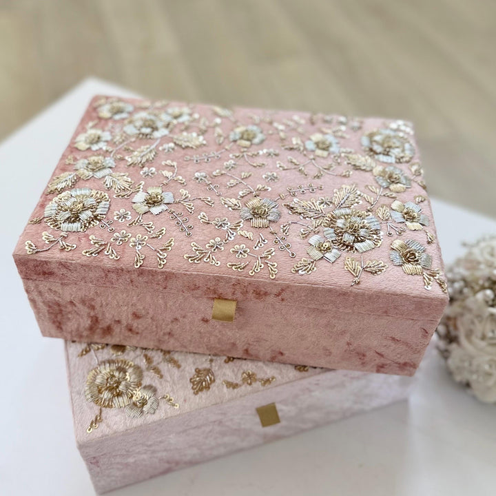 Handmade Pink Velvet Trousseau Box: Bridal Keepsake with Zardozi Embroidery
