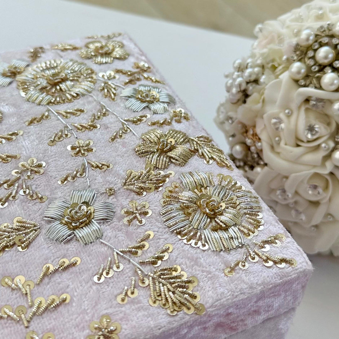 Handmade Pink Velvet Trousseau Box: Bridal Keepsake with Zardozi Embroidery