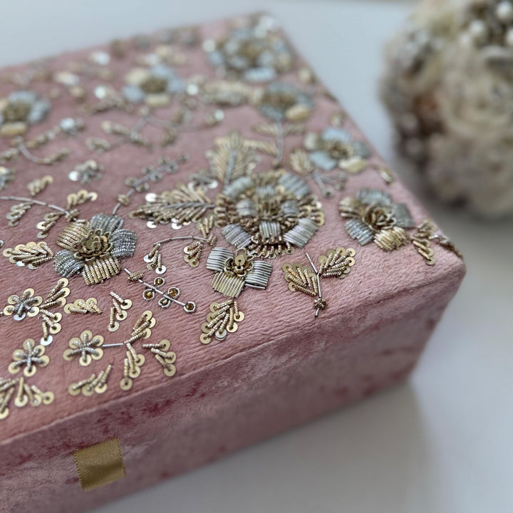 Handmade Pink Velvet Trousseau Box: Bridal Keepsake with Zardozi Embroidery