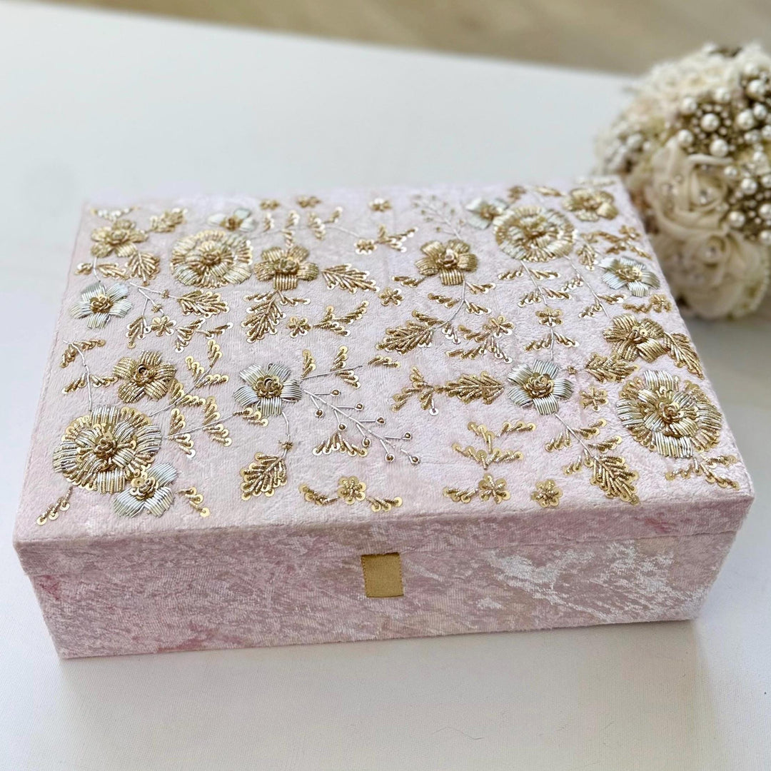 Handmade Pink Velvet Trousseau Box: Bridal Keepsake with Zardozi Embroidery