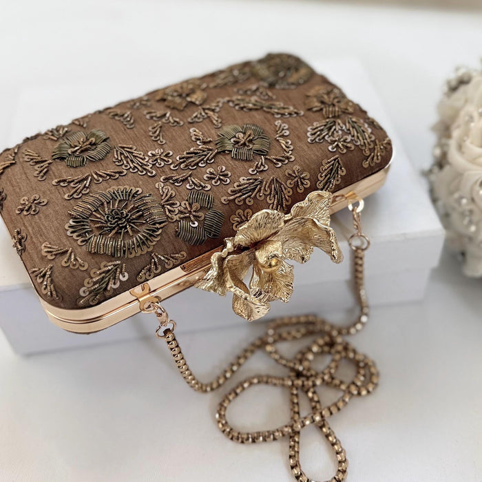 Antique Bronze Gold Clutch: Antique Zardosi Floral Evening Bag
