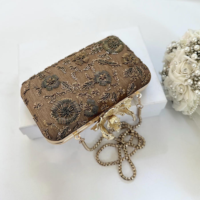Antique Bronze Gold Clutch: Antique Zardosi Floral Evening Bag
